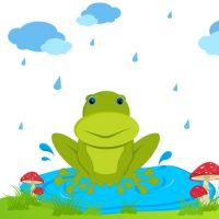 illustration of frog sitting in rainy day on natural background